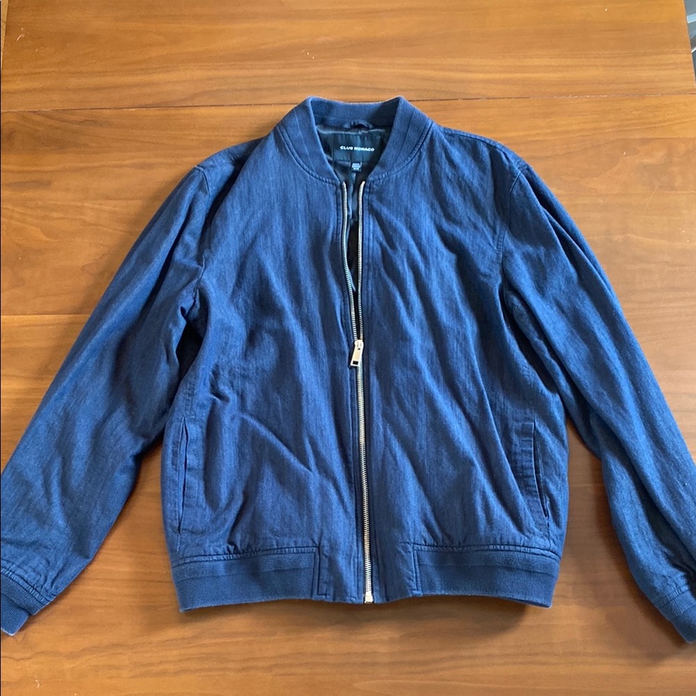 Blue Bomber Jacket with Ribbed Collar and Elastic Cuffs